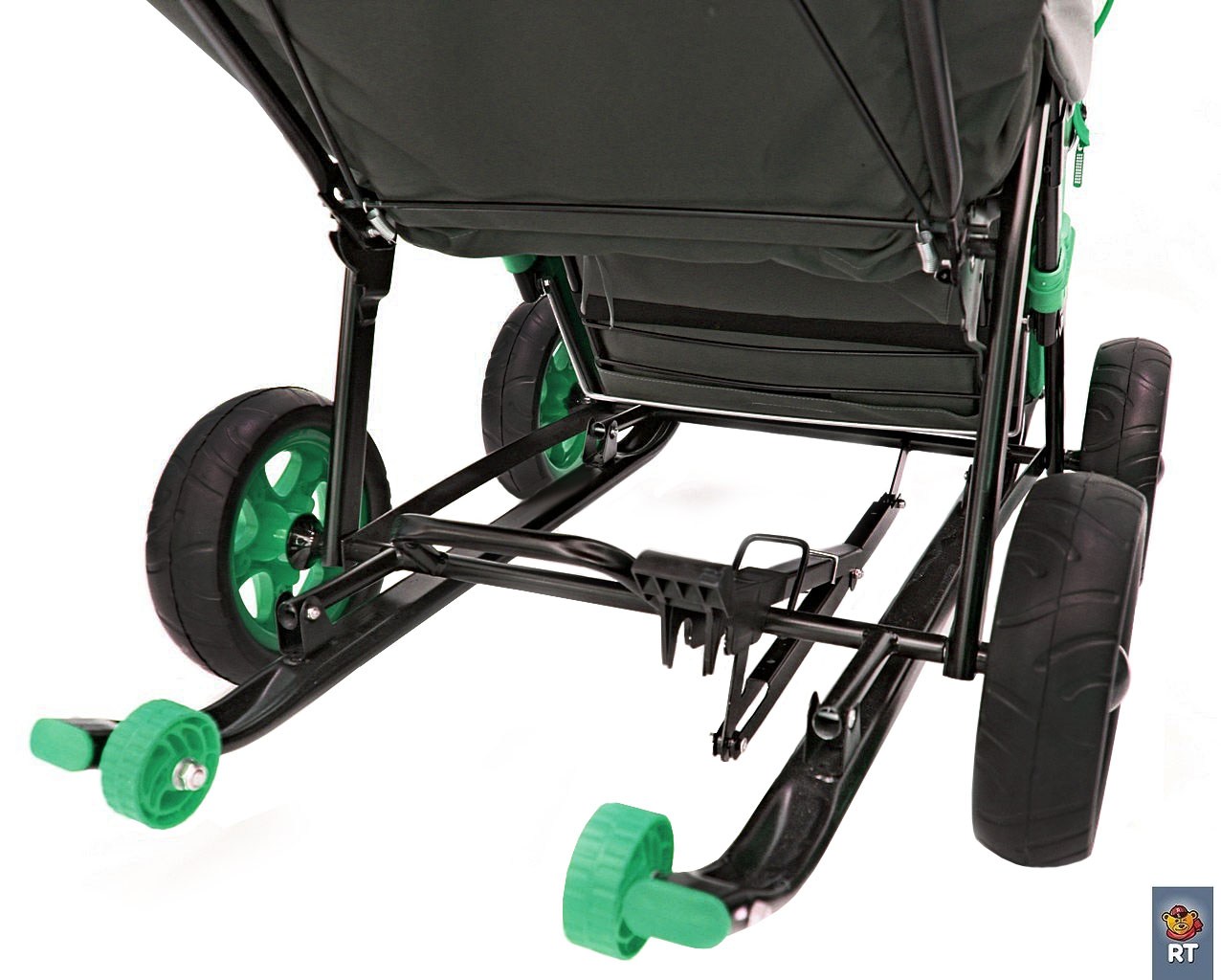 Санки-коляска Snow Galaxy City-2-1, дизайн - Серый Зайка на зелёном, на больших надувных колёсах, сумка и варежки  
